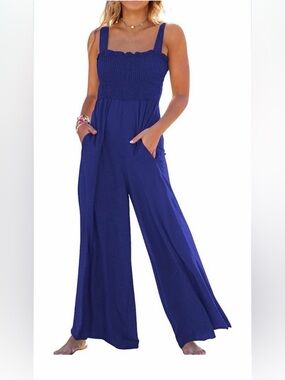 Caracilia 360 Smocked Strap Wide-Leg Jumpsuit in Black. Roomy Fit L-XL.